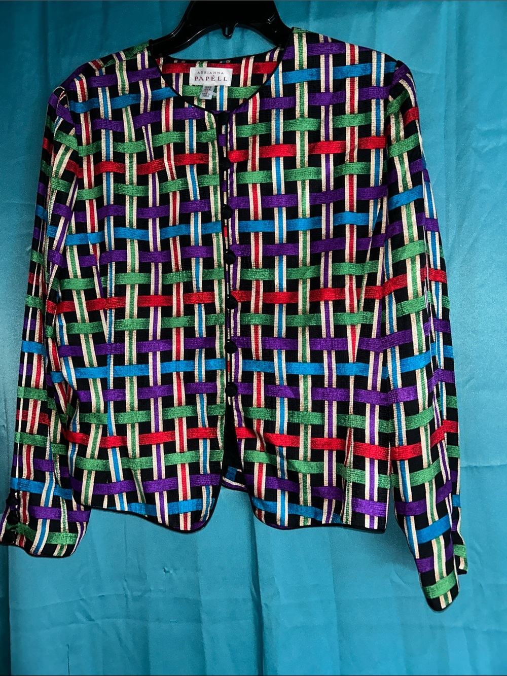 Vintage Adriana Papell 100%silk multi color pattern jacket